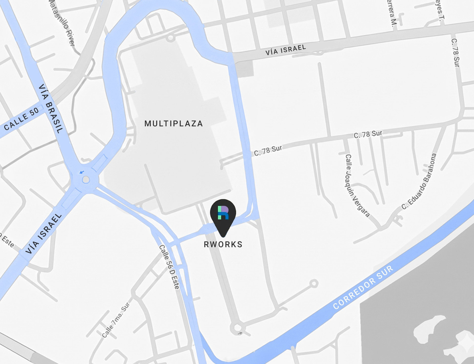 Mapa de ubicación de Rworks Coworking, cerca de Multiplaza, Vía Israel y Corredor Sur, Ciudad de Panamá